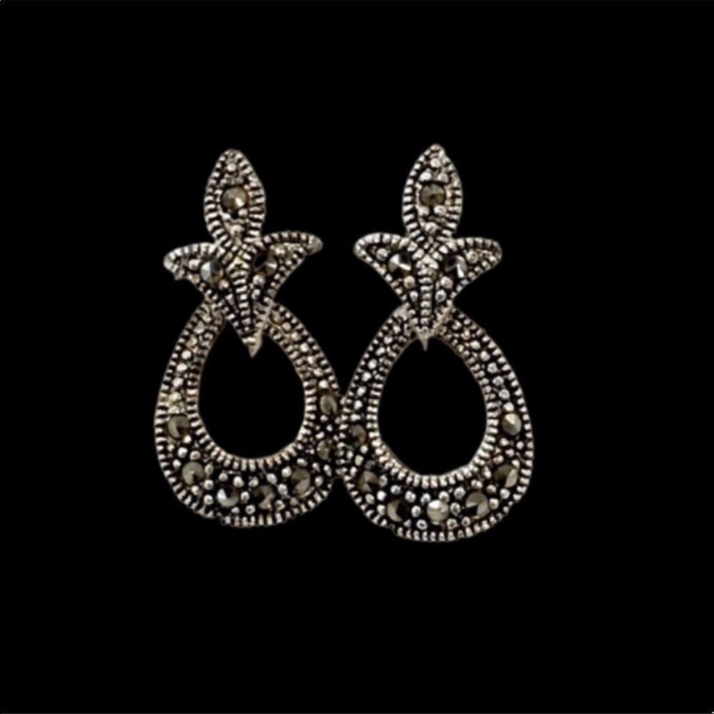 Fleur De Lis Style Marcasite Sterling Silver Drop Earrings - Picture 6 of 7